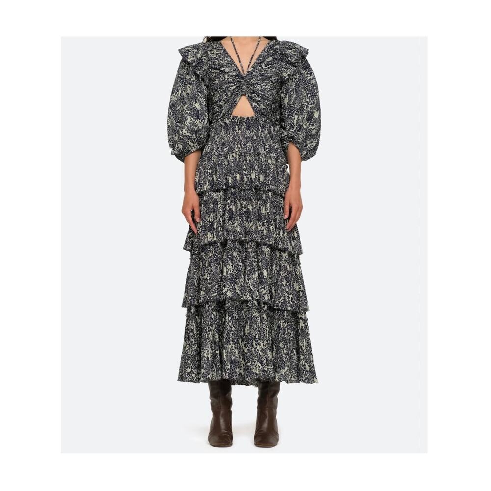 NWT Sea New York Priya Org Cotton Puff Sleeve Tiered Dress Cutout &Ruffles Small